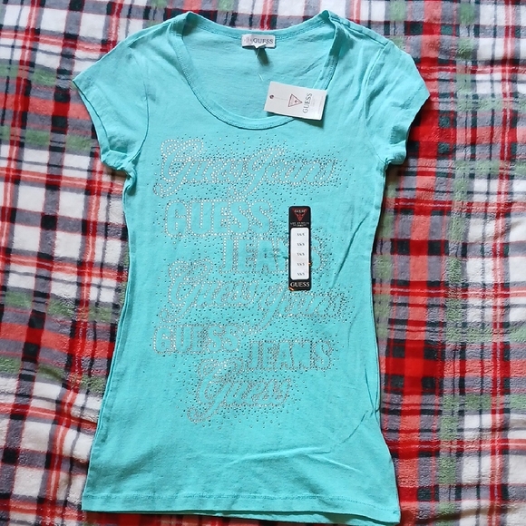 Guess Aqua T-Shirt with Rhinestone Logo (NWT) - Picture 1 of 4